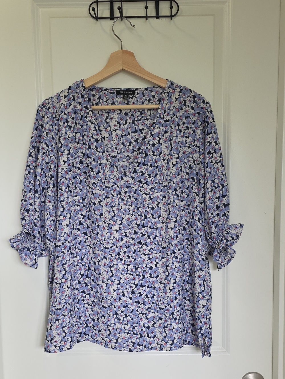 Well Worn Blue, White and Pink Floral V-Neck Blouse